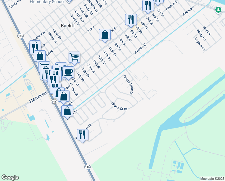 map of restaurants, bars, coffee shops, grocery stores, and more near 4811 Chase Wick Drive in Bacliff