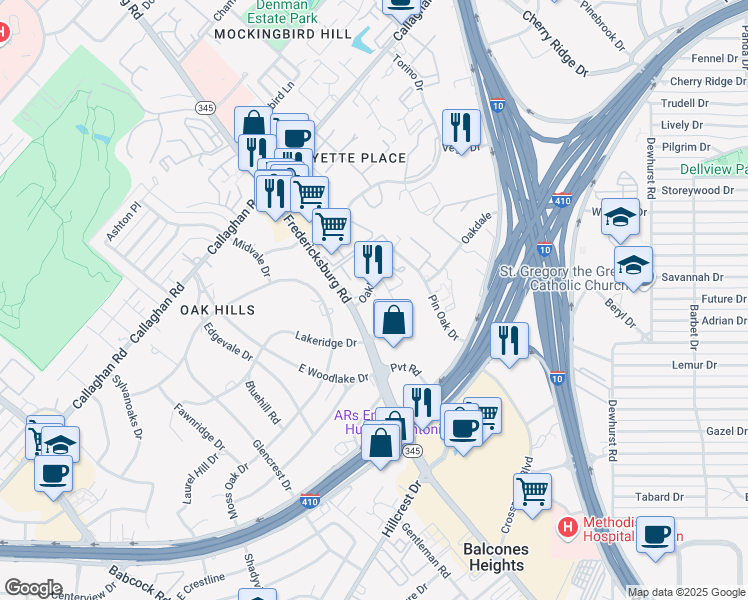 map of restaurants, bars, coffee shops, grocery stores, and more near 7106 Oaklawn Drive in San Antonio