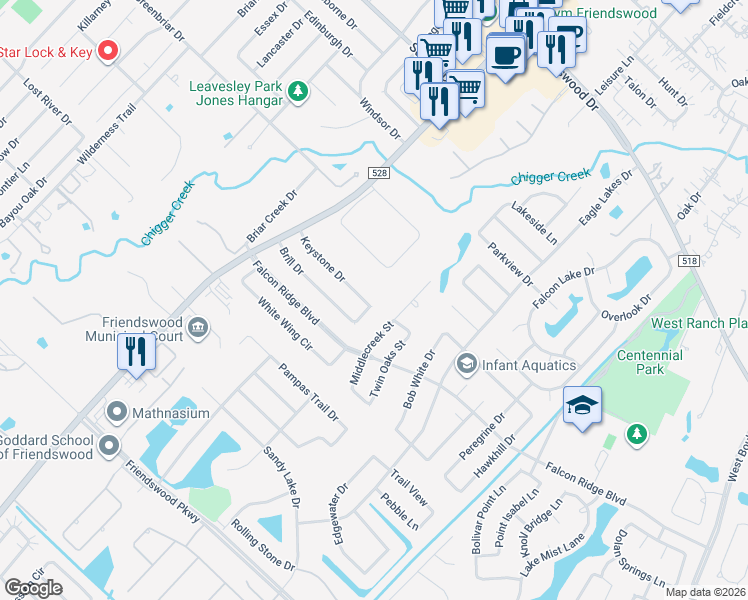 map of restaurants, bars, coffee shops, grocery stores, and more near 1713 Keystone Drive in Friendswood