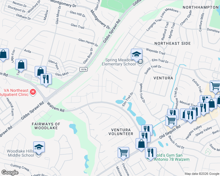 map of restaurants, bars, coffee shops, grocery stores, and more near 7315 Barlow Grove in San Antonio