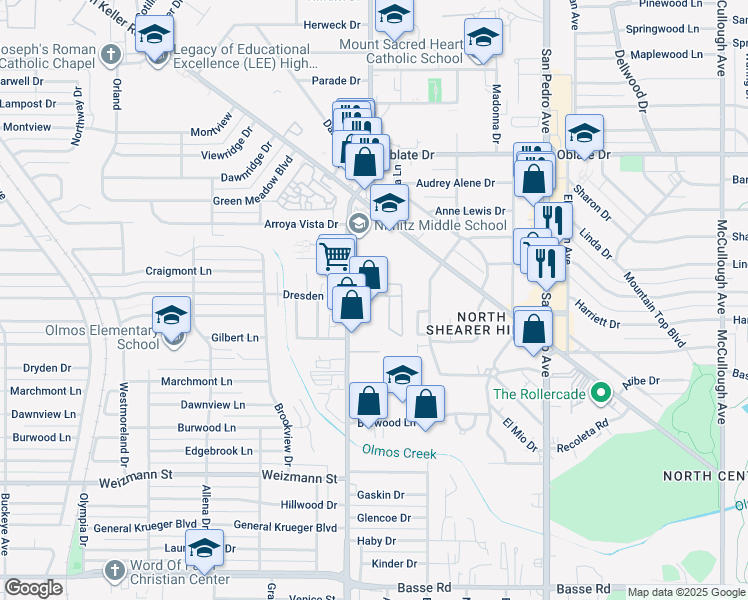 map of restaurants, bars, coffee shops, grocery stores, and more near 5260 Blanco Road in San Antonio