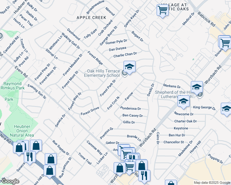 map of restaurants, bars, coffee shops, grocery stores, and more near 6922 Forest Grove in San Antonio