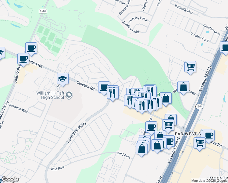 map of restaurants, bars, coffee shops, grocery stores, and more near 623 Lodestone Drive in San Antonio