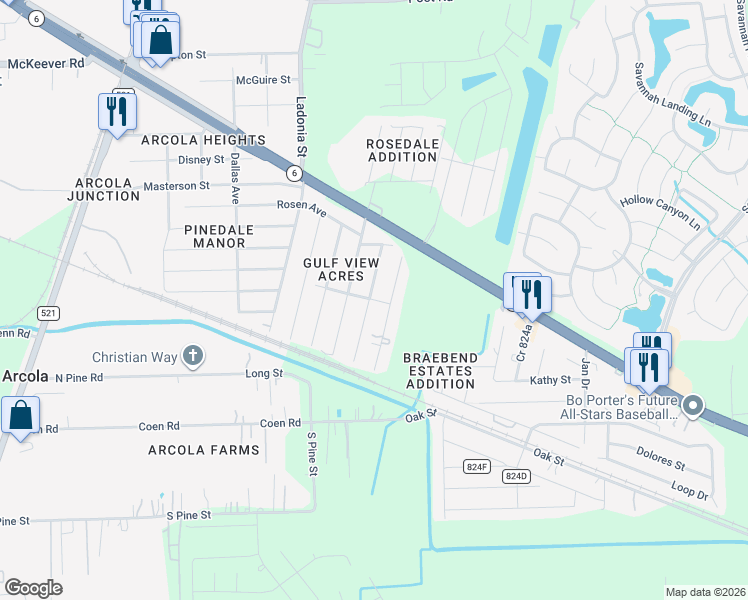 map of restaurants, bars, coffee shops, grocery stores, and more near 51 Texas Avenue in Rosharon