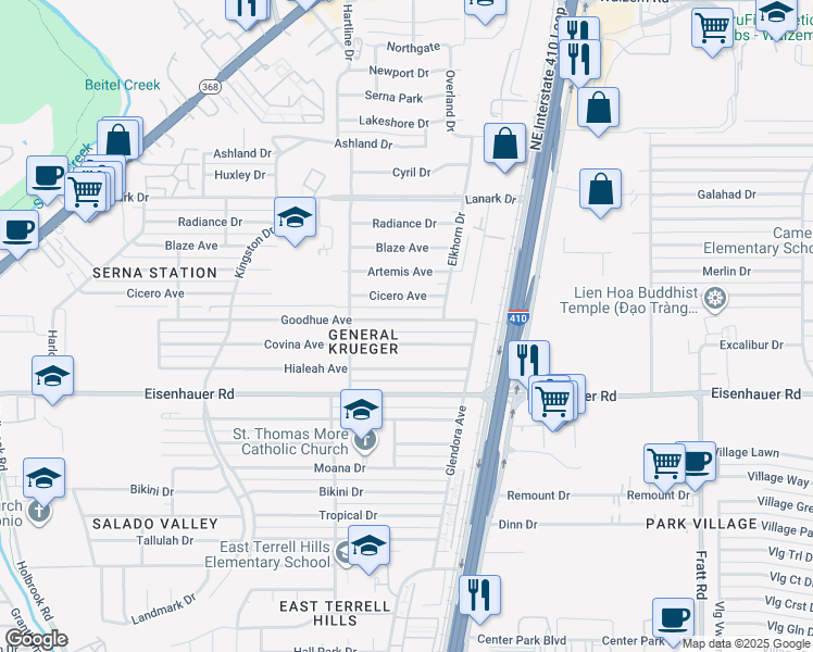 map of restaurants, bars, coffee shops, grocery stores, and more near 342 Goodhue Avenue in San Antonio