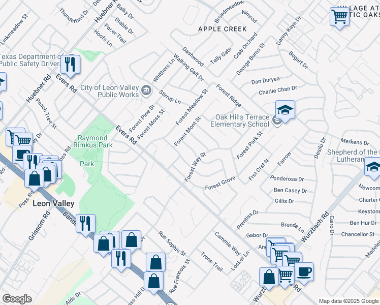 map of restaurants, bars, coffee shops, grocery stores, and more near 6315 Forest Bend in San Antonio