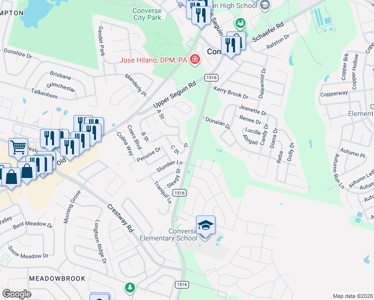 map of restaurants, bars, coffee shops, grocery stores, and more near 187 C in Converse