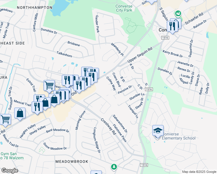 map of restaurants, bars, coffee shops, grocery stores, and more near 8702 Vista De Nubes in Converse