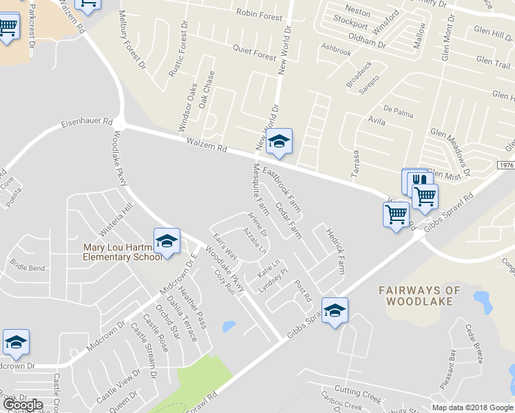 map of restaurants, bars, coffee shops, grocery stores, and more near 7735 Mesquite Farm in San Antonio