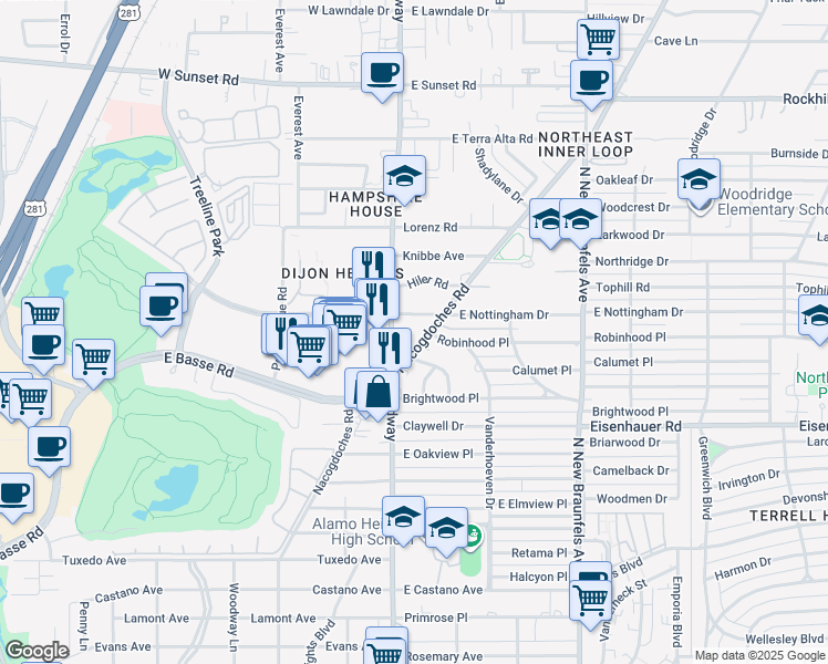 map of restaurants, bars, coffee shops, grocery stores, and more near 7561 Broadway in San Antonio