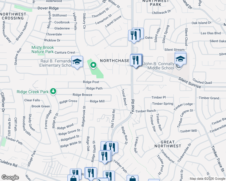 map of restaurants, bars, coffee shops, grocery stores, and more near 9118 Ridge Path in San Antonio