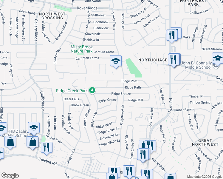 map of restaurants, bars, coffee shops, grocery stores, and more near 9254 Ridge Path in San Antonio