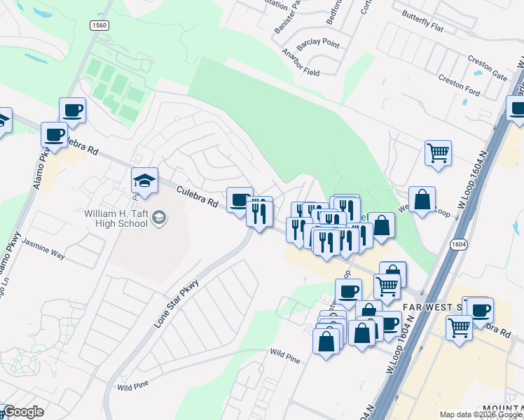 map of restaurants, bars, coffee shops, grocery stores, and more near 623 Lodestone Drive in San Antonio