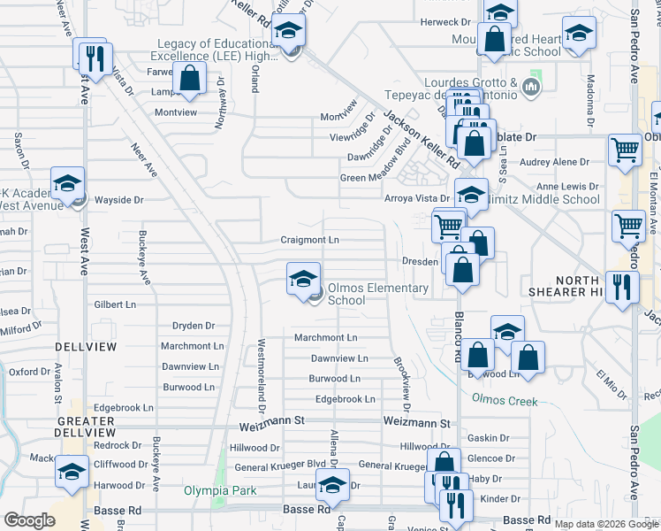 map of restaurants, bars, coffee shops, grocery stores, and more near 254 Dresden Drive in San Antonio