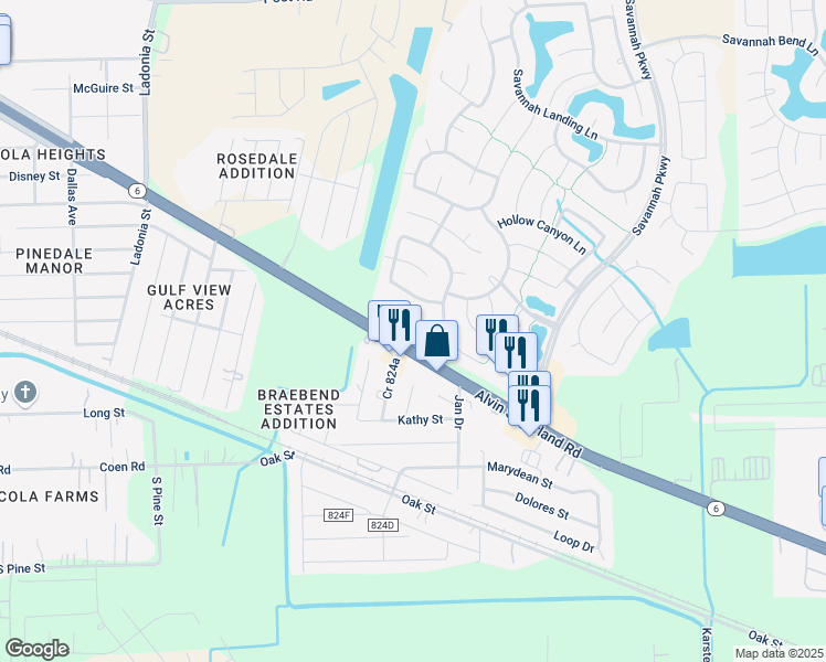 map of restaurants, bars, coffee shops, grocery stores, and more near 14214 Rolling Hills Lane in Rosharon
