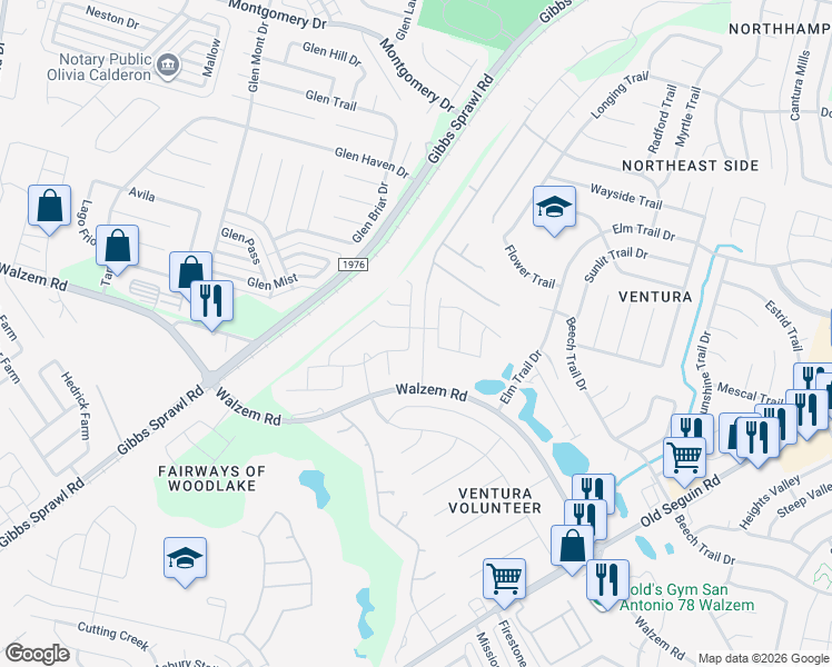 map of restaurants, bars, coffee shops, grocery stores, and more near 7322 Branching Peak in San Antonio