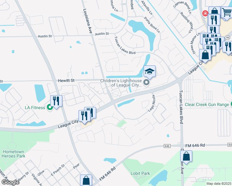 map of restaurants, bars, coffee shops, grocery stores, and more near 1702 East League City Parkway in League City