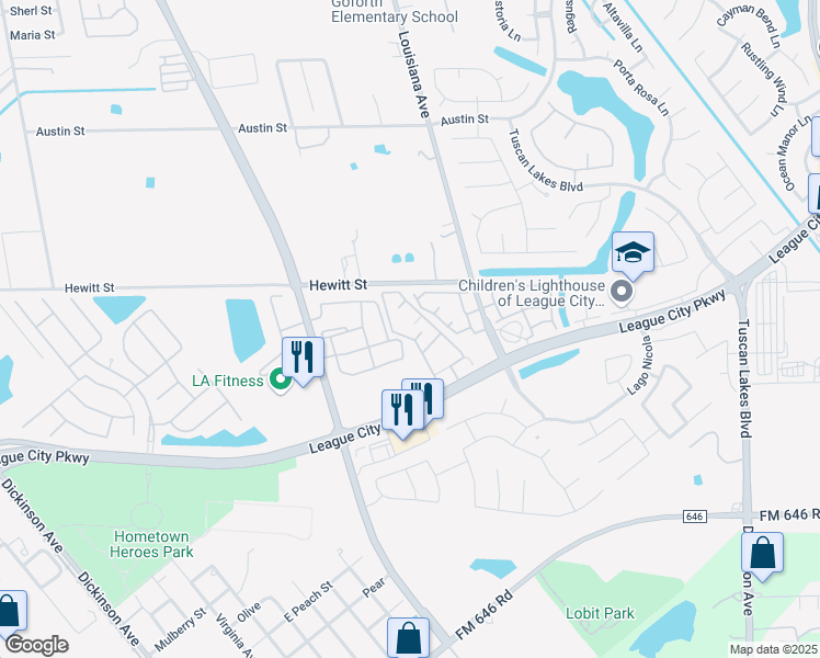map of restaurants, bars, coffee shops, grocery stores, and more near 1450 East League City Parkway in League City