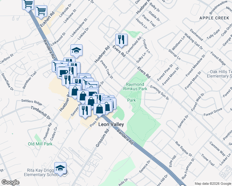 map of restaurants, bars, coffee shops, grocery stores, and more near 6603 Cherryleaf Street in San Antonio