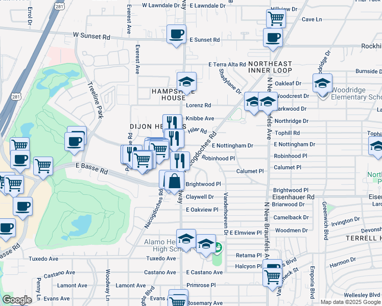 map of restaurants, bars, coffee shops, grocery stores, and more near 7561 Broadway in San Antonio