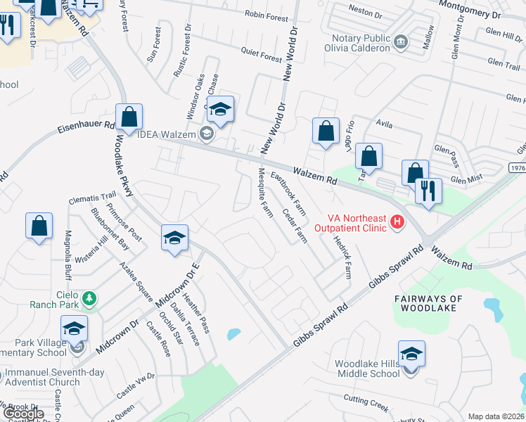 map of restaurants, bars, coffee shops, grocery stores, and more near 7735 Mesquite Farm in San Antonio