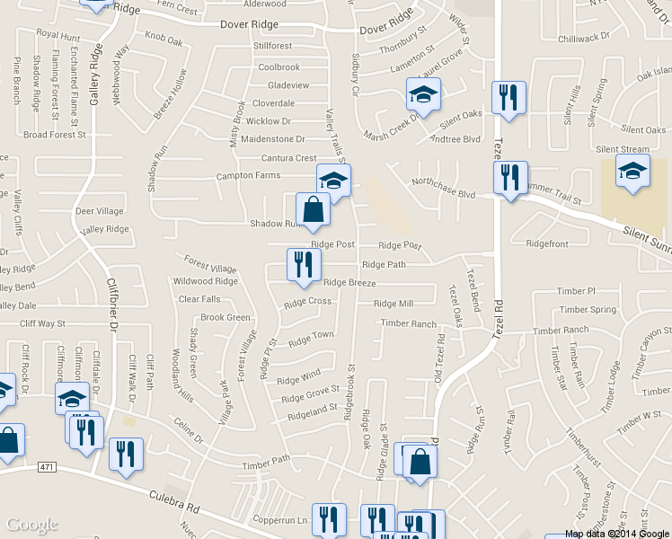 map of restaurants, bars, coffee shops, grocery stores, and more near 9222 Ridge Path in San Antonio