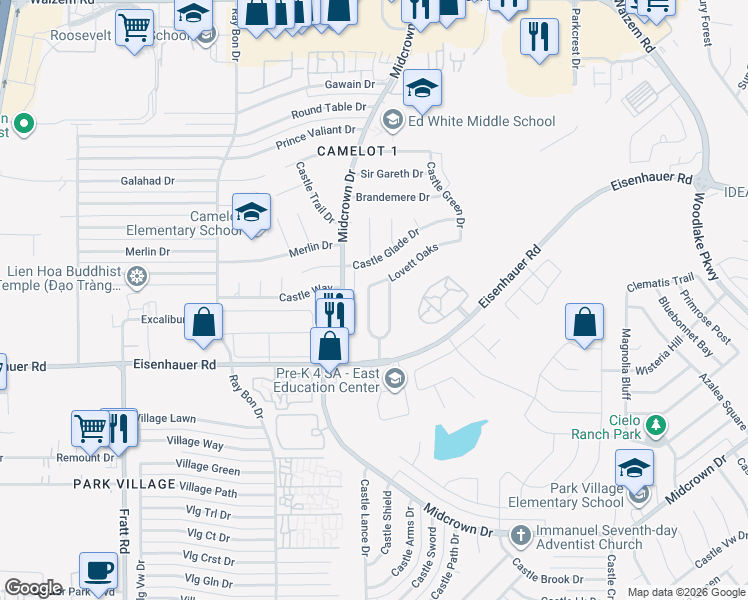 map of restaurants, bars, coffee shops, grocery stores, and more near 7250 Dwarf Palm in San Antonio