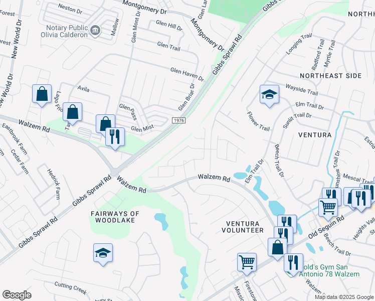 map of restaurants, bars, coffee shops, grocery stores, and more near 7370 Braes Corner in San Antonio