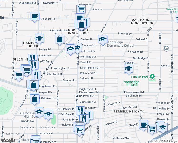 map of restaurants, bars, coffee shops, grocery stores, and more near 503 Robinhood Place in San Antonio