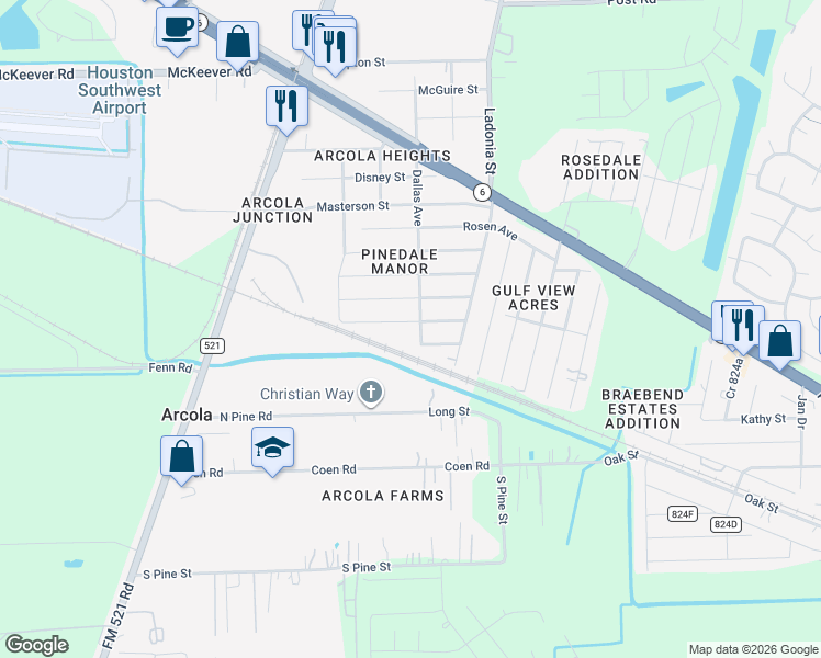 map of restaurants, bars, coffee shops, grocery stores, and more near 318 Rice Avenue in Rosharon