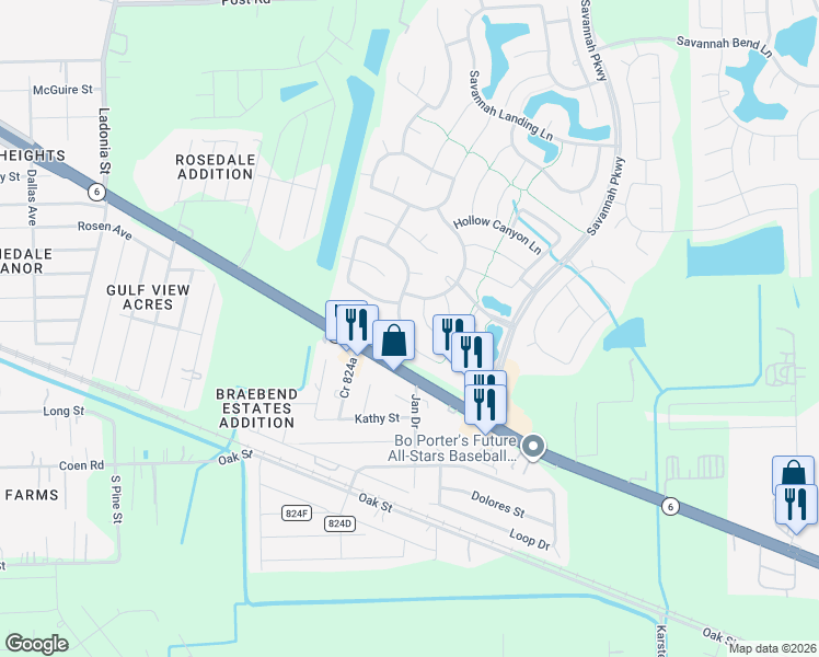 map of restaurants, bars, coffee shops, grocery stores, and more near 5713 Windy Knoll Lane in Rosharon