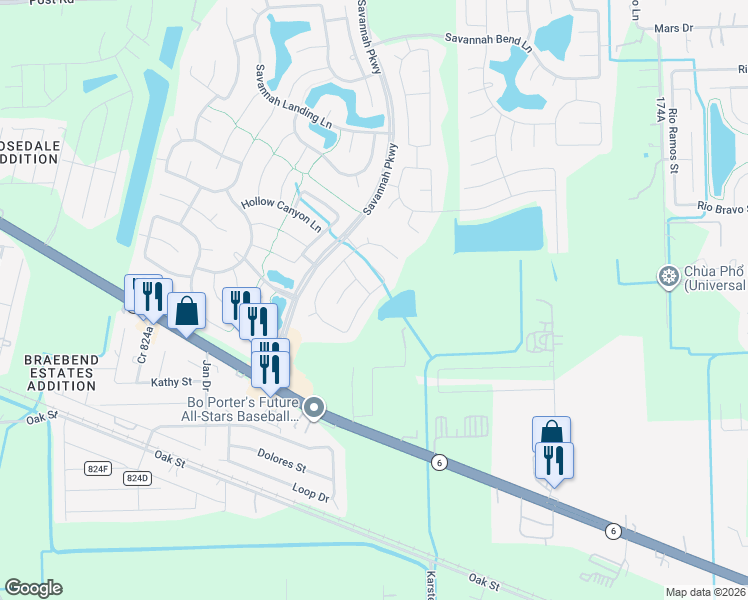 map of restaurants, bars, coffee shops, grocery stores, and more near 5713 Meadow Breeze Ln in Rosharon