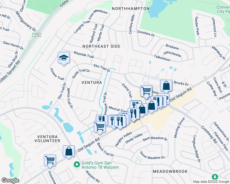 map of restaurants, bars, coffee shops, grocery stores, and more near 7311 Shadow Trail in San Antonio