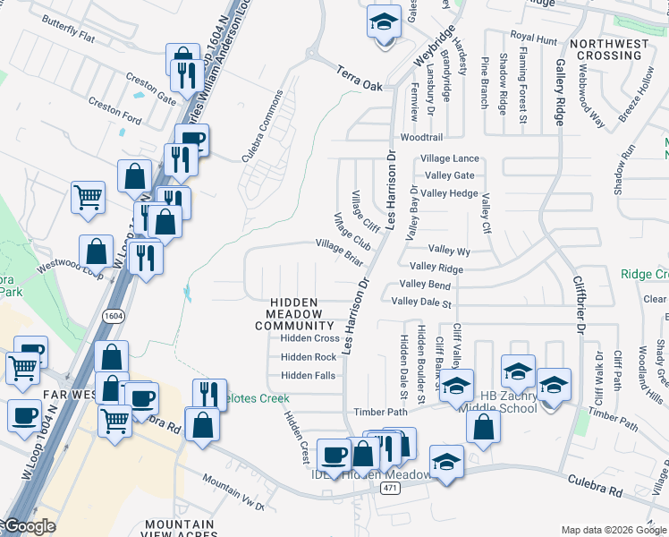 map of restaurants, bars, coffee shops, grocery stores, and more near 6204 Village Point in San Antonio