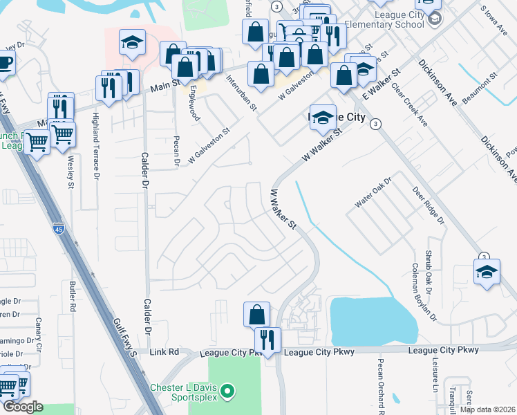 map of restaurants, bars, coffee shops, grocery stores, and more near 303 Willow Pointe Drive in League City