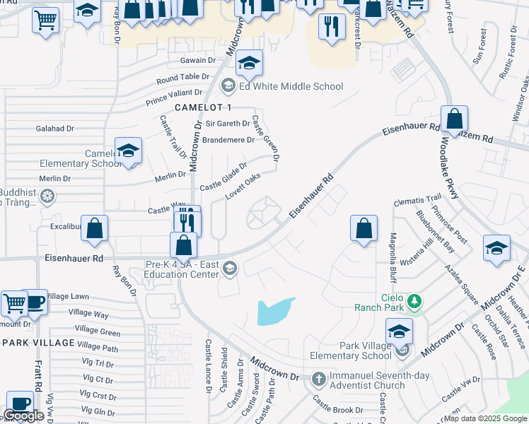 map of restaurants, bars, coffee shops, grocery stores, and more near 5239 Eisenhauer Road in San Antonio