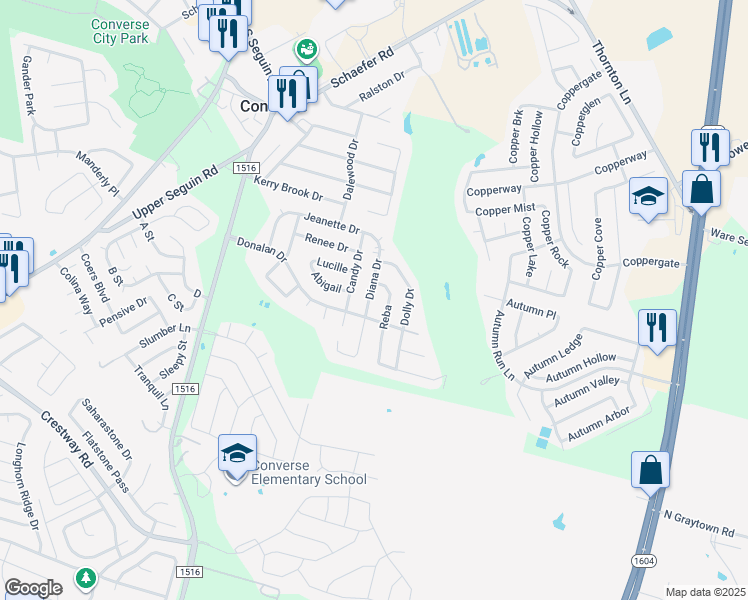 map of restaurants, bars, coffee shops, grocery stores, and more near 422 Diana Drive in Converse