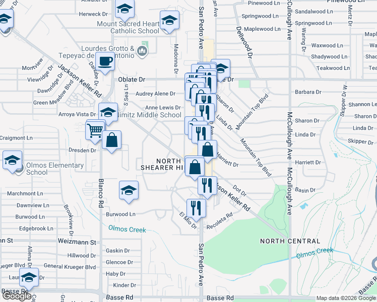 map of restaurants, bars, coffee shops, grocery stores, and more near 110 Grotto Boulevard in San Antonio