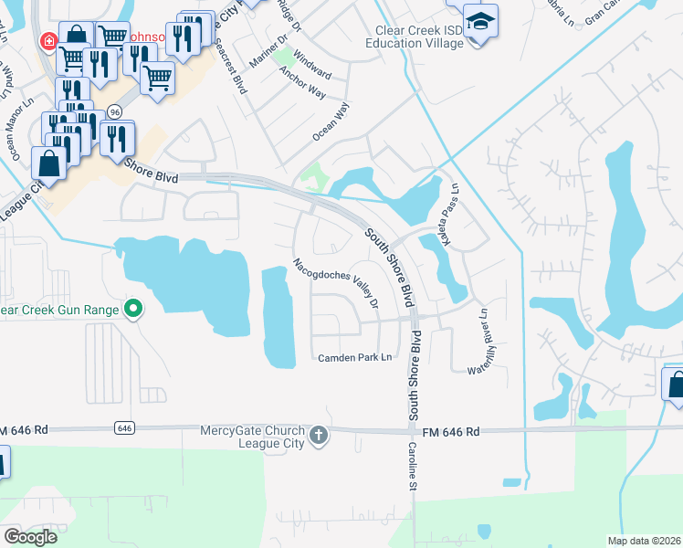map of restaurants, bars, coffee shops, grocery stores, and more near 1514 Nacogdoches Valley Drive in Dickinson