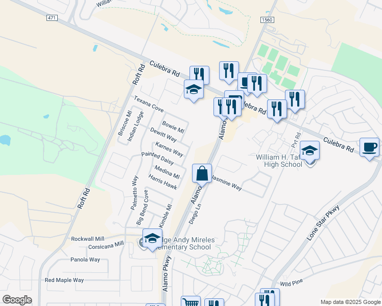 map of restaurants, bars, coffee shops, grocery stores, and more near 6610 Bowie Circle in San Antonio