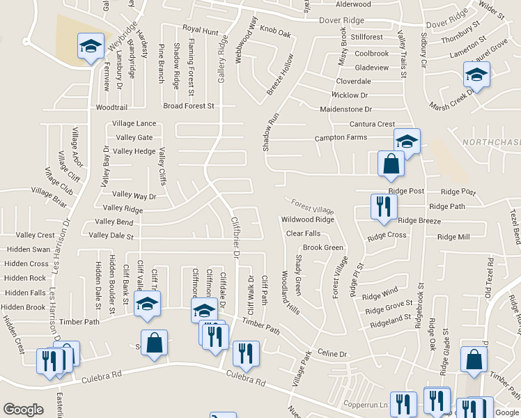 map of restaurants, bars, coffee shops, grocery stores, and more near 5938 Valley Wood in San Antonio