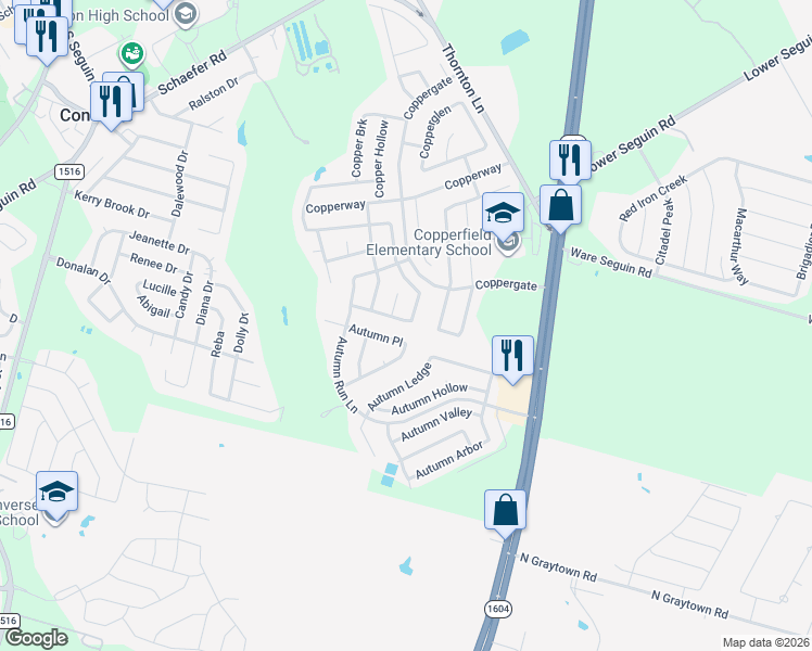 map of restaurants, bars, coffee shops, grocery stores, and more near 9810 Copper Rose in Converse