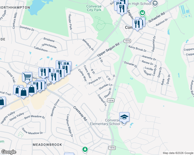 map of restaurants, bars, coffee shops, grocery stores, and more near 8815 Pensive Drive in Converse