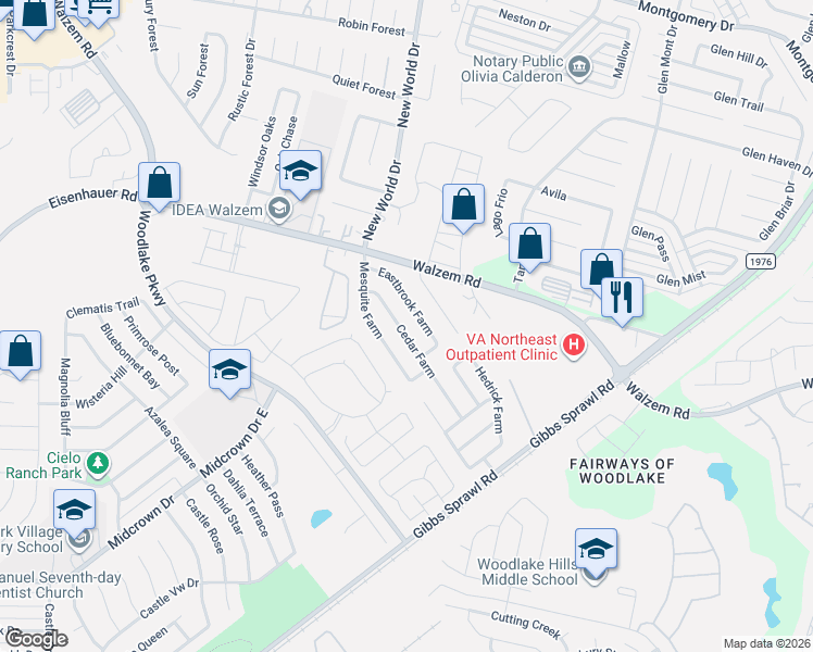 map of restaurants, bars, coffee shops, grocery stores, and more near 7710 Cedar Farm in San Antonio
