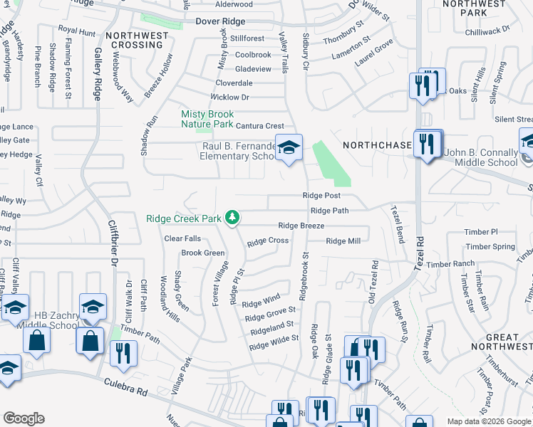 map of restaurants, bars, coffee shops, grocery stores, and more near 9254 Ridge Path in San Antonio