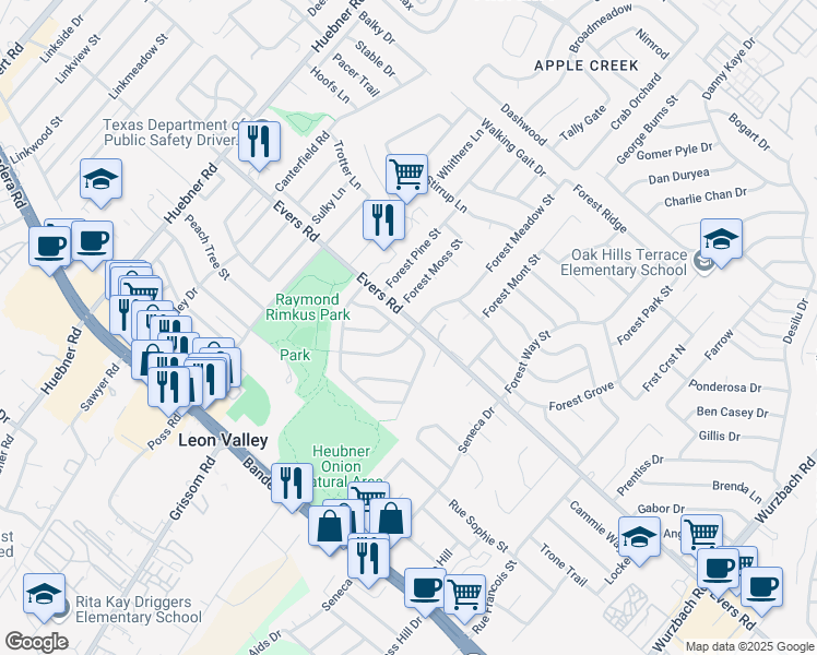 map of restaurants, bars, coffee shops, grocery stores, and more near 7003 Evening Sun Street in San Antonio