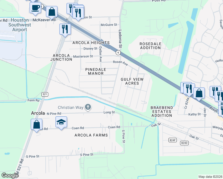 map of restaurants, bars, coffee shops, grocery stores, and more near 422 Rice Avenue in Rosharon