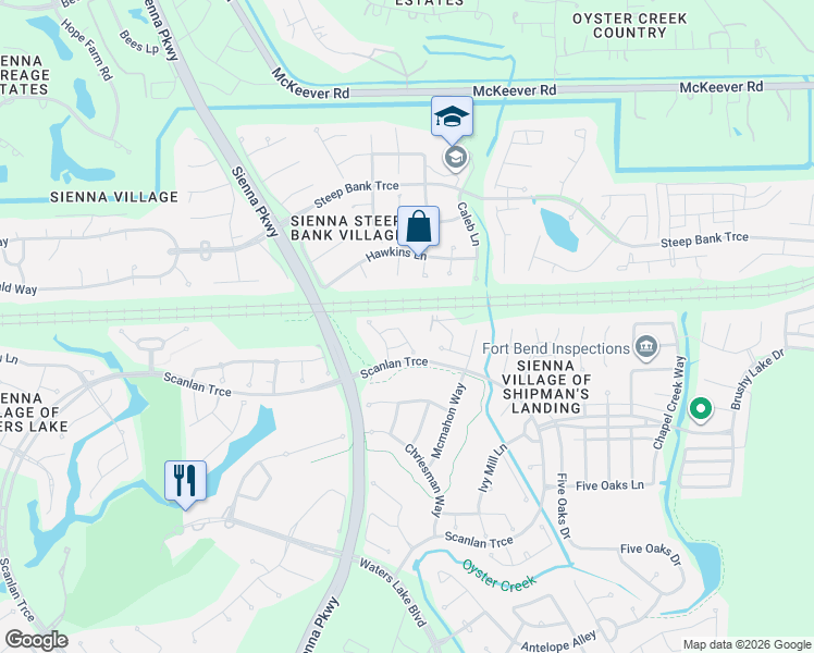 map of restaurants, bars, coffee shops, grocery stores, and more near 3422 Chambers Circle in Missouri City