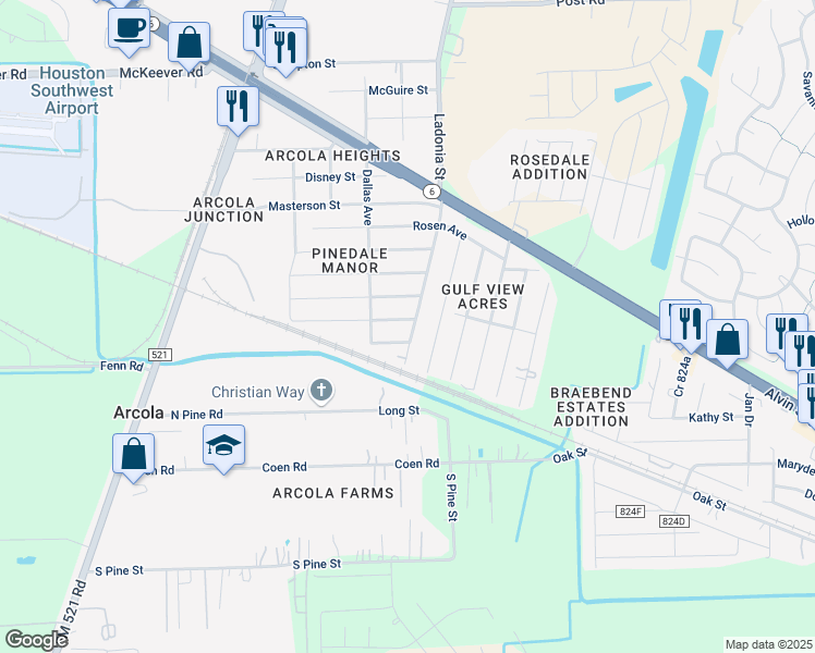 map of restaurants, bars, coffee shops, grocery stores, and more near 422 Rice Ave in Rosharon