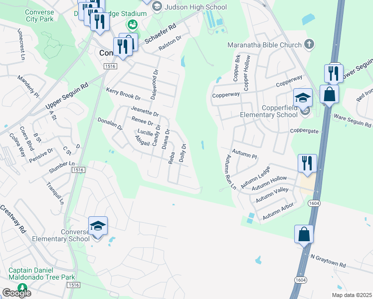 map of restaurants, bars, coffee shops, grocery stores, and more near 446 Dolly Drive in Converse